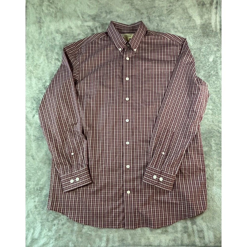 Duluth Trading Co Wrinklefighter Shirt Mens L Tall Burgundy Grid Button Down